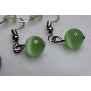Cat's Eye Green Chic Small Dangle Silver Tone Fish Hook Earrings